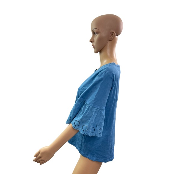 Emme Marella Women’s Size Large Short Ruffle Sleeve  Round Neck Blue Shirt - Picture 2 of 4